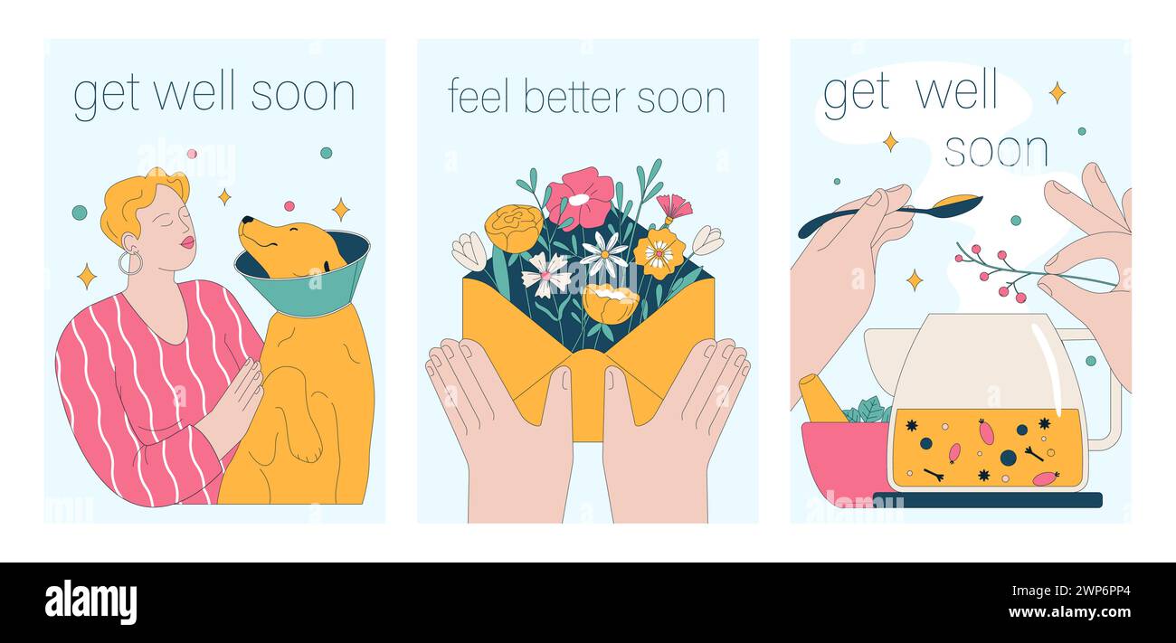 Get well soon card set. Positive and motivational poster with greeting quote. Medicine postcard with feel better lettering. Recovery affirmation and wishes. Flat vector Illustration Stock Vector