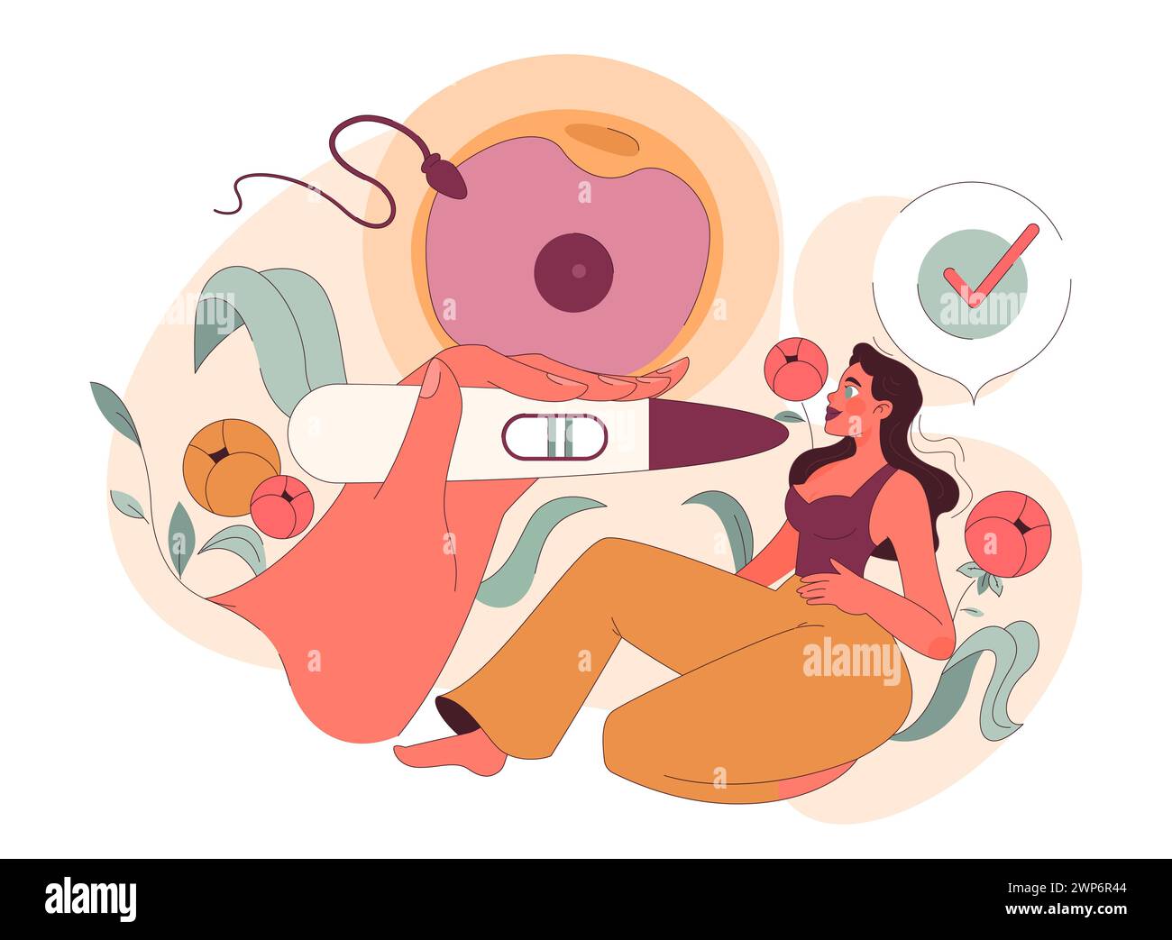Fertility concept. A thoughtful woman amidst symbolic illustrations of ovulation, positive pregnancy test, and a fertilized egg. Embracing the journey of womanhood. Flat vector illustration. Stock Vector