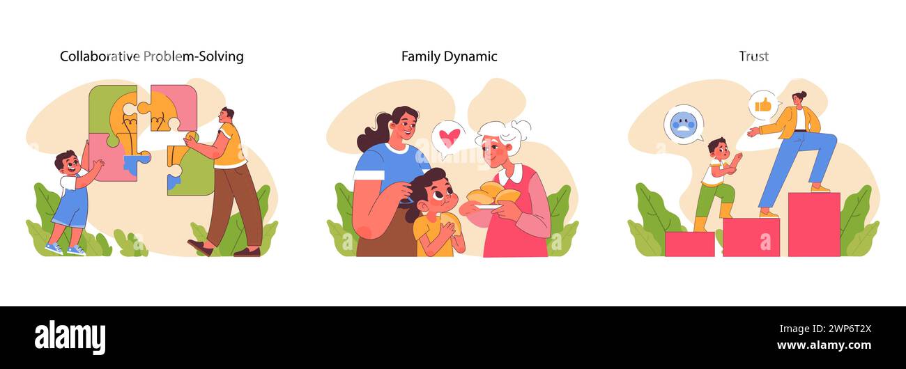 Conflict Resolution set. Family members engaging in cooperative problem solving. Intergenerational trust and support shown with care. Warm family dynamics captured through heartwarming interactions Stock Vector