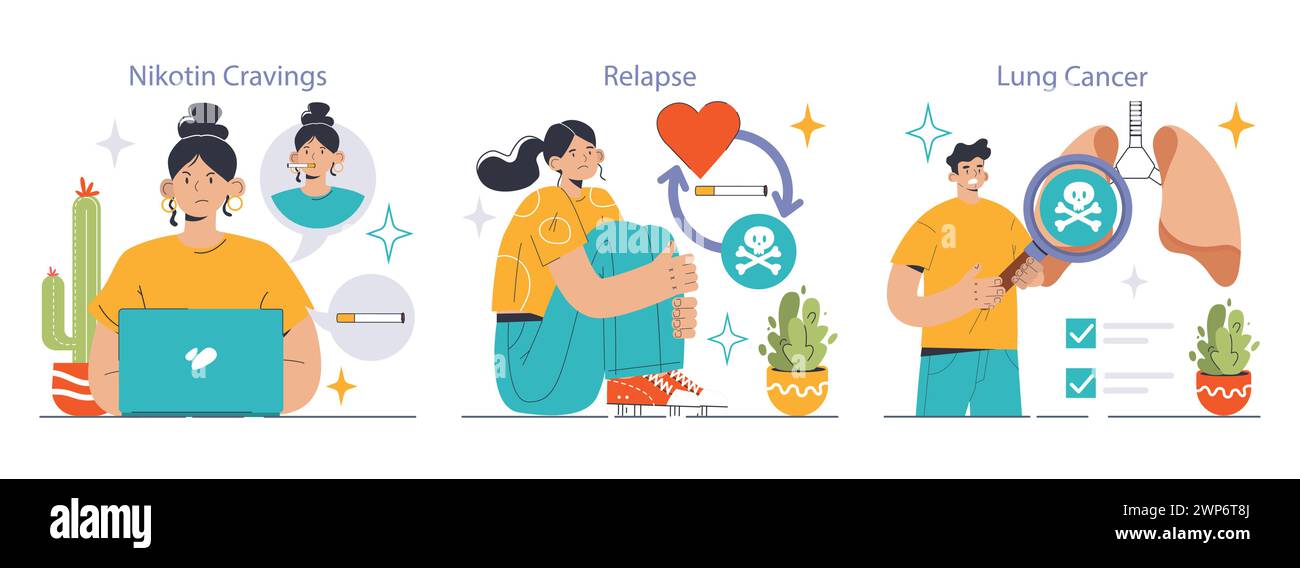 Smoking cessation journey set. Woman fights nicotine cravings, enduring