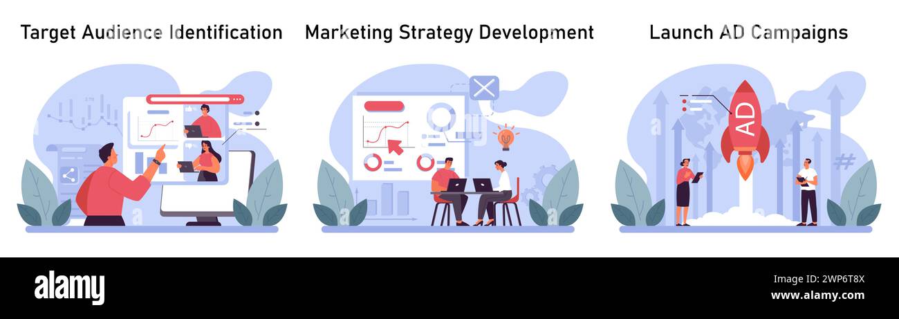 Marketing essentials set. Pinpointing the right audience, crafting ...