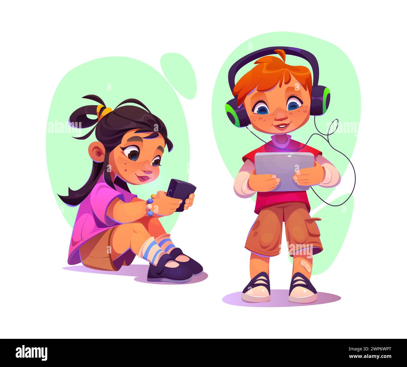Children using gadgets isolated on white background. Vector cartoon illustration of girl sitting watching video on smartphone, boy in earphones playing game on tablet, technology addiction, education Stock Vector