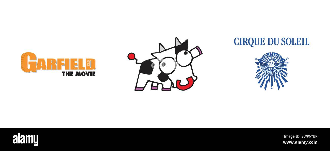 Cirque du soleil, Garfield, Kooky Cow. Popular brand logo collection. Stock Vector