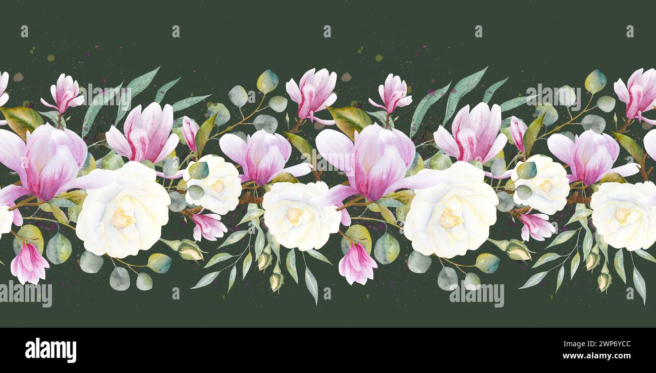 Watercolor floral seamless border with green eucalyptus leaves, roses ...