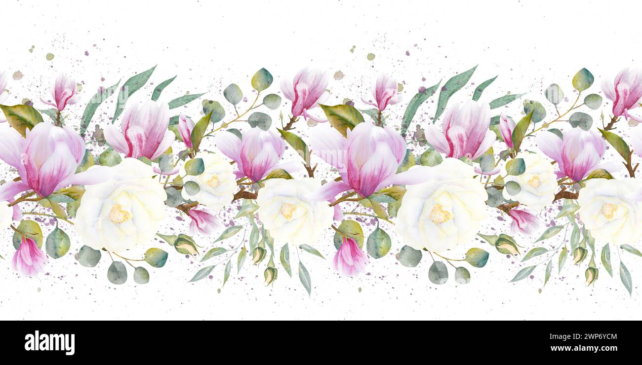 Watercolor floral seamless border with green eucalyptus leaves, roses ...