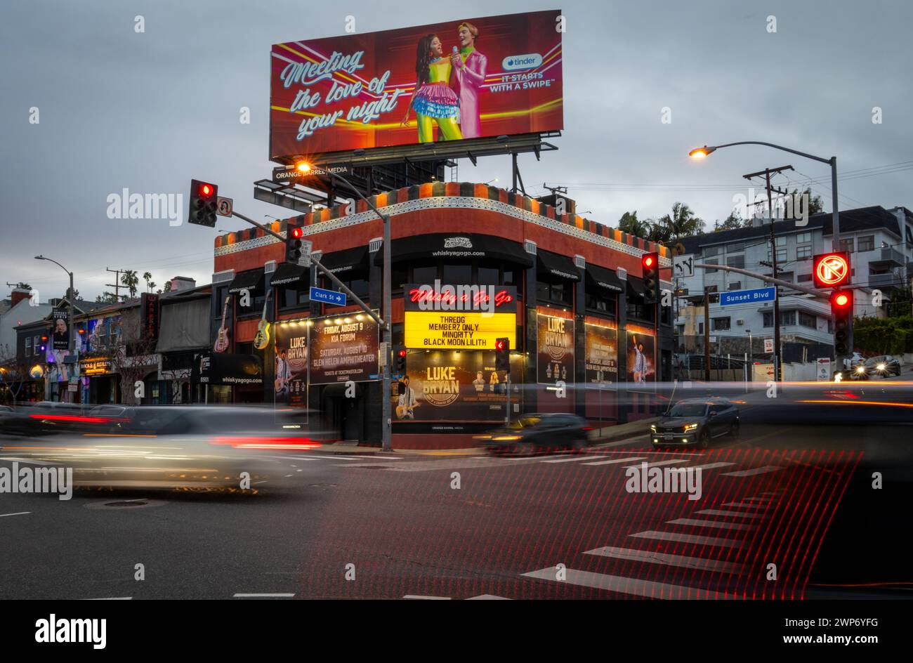 A time exposure of the  famed nightclub and music venue Whisky A Go Go on the Sunset Strip in West Hollywood. Stock Photo