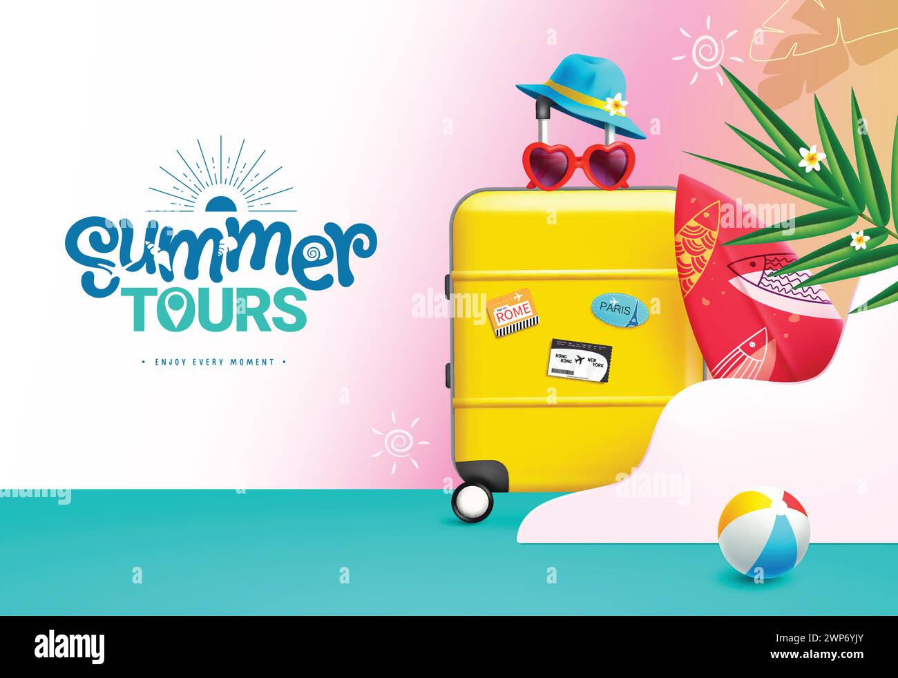 Summer tours text vector design. Summer tours travel promotion with yellow luggage bag, surfboard and sunglasses for holiday season background. Vector Stock Vector