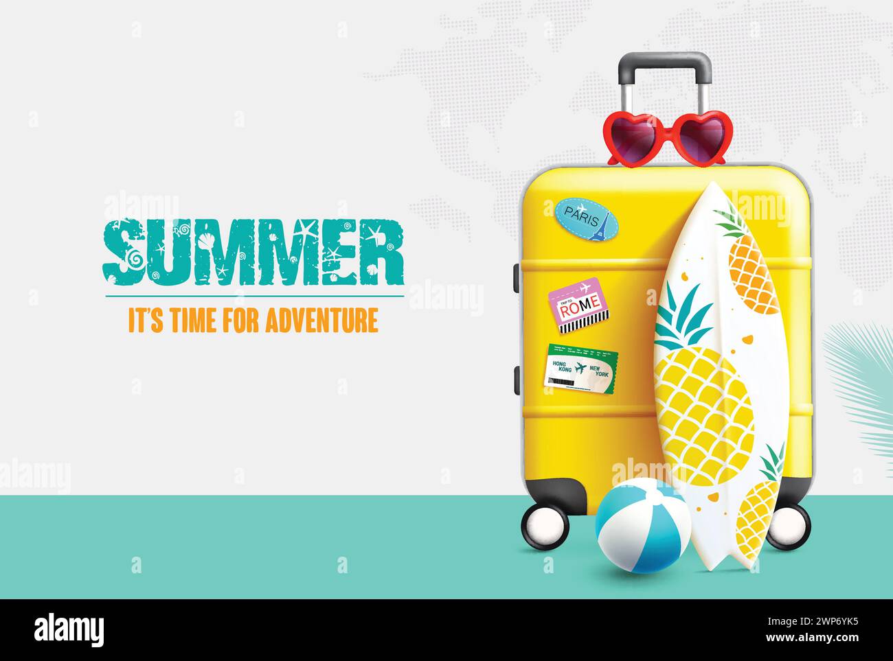 Summer travel vector design. Summer tours and travel with yellow luggage bag, surfboard and sunglasses for tropical season holiday background. Vector Stock Vector