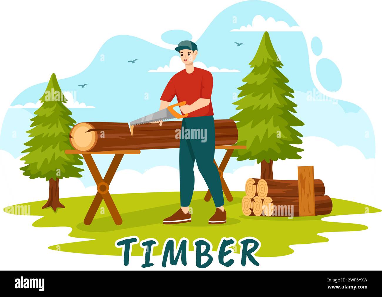 Timber Vector Illustration with Man Chopping Wood and Tree with Lumberjack Work Equipment Machinery or Chainsaw at Forest in Flat Cartoon Background Stock Vector