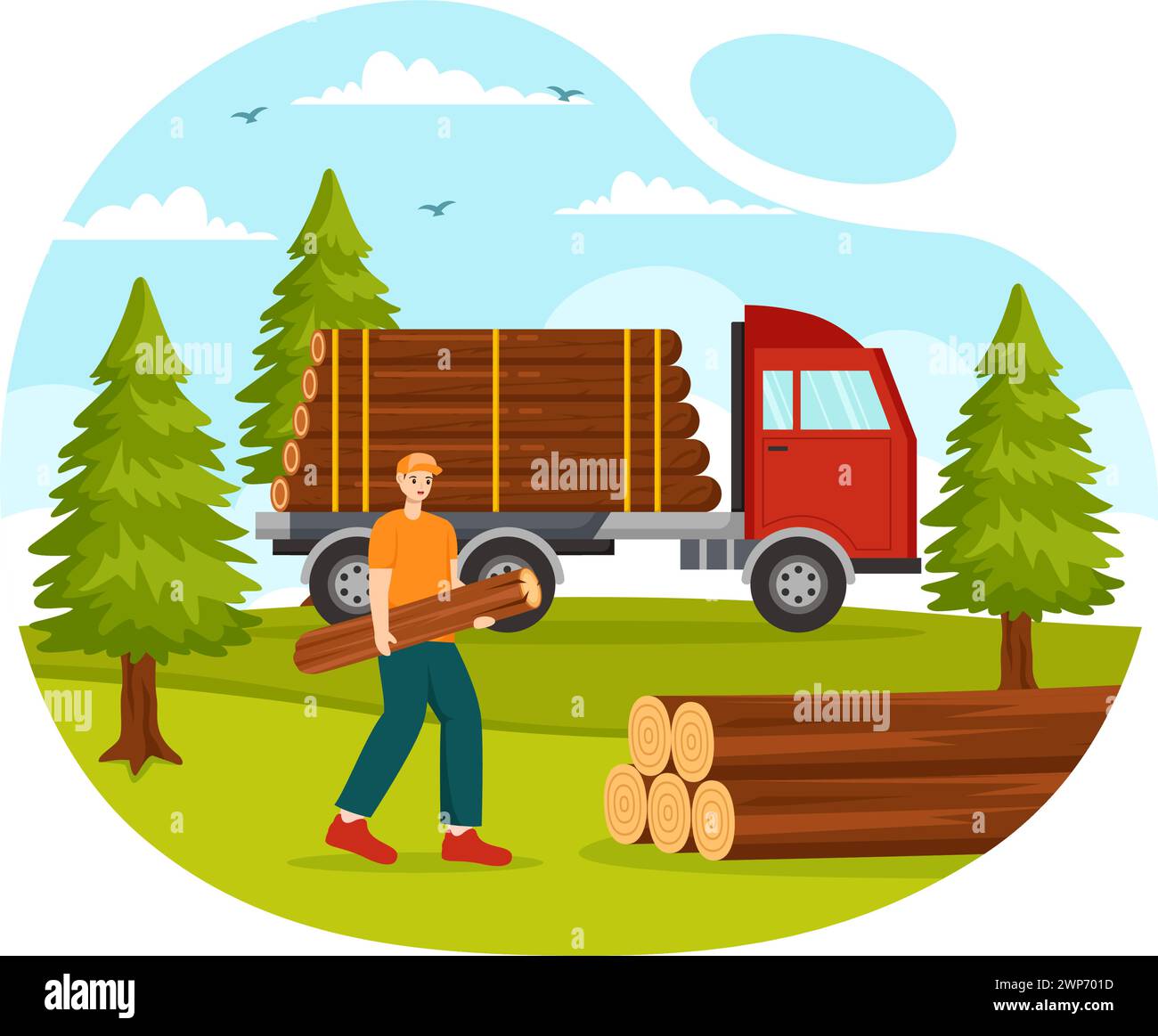 Timber Vector Illustration with Man Chopping Wood and Tree with Lumberjack Work Equipment Machinery or Chainsaw at Forest in Flat Cartoon Background Stock Vector
