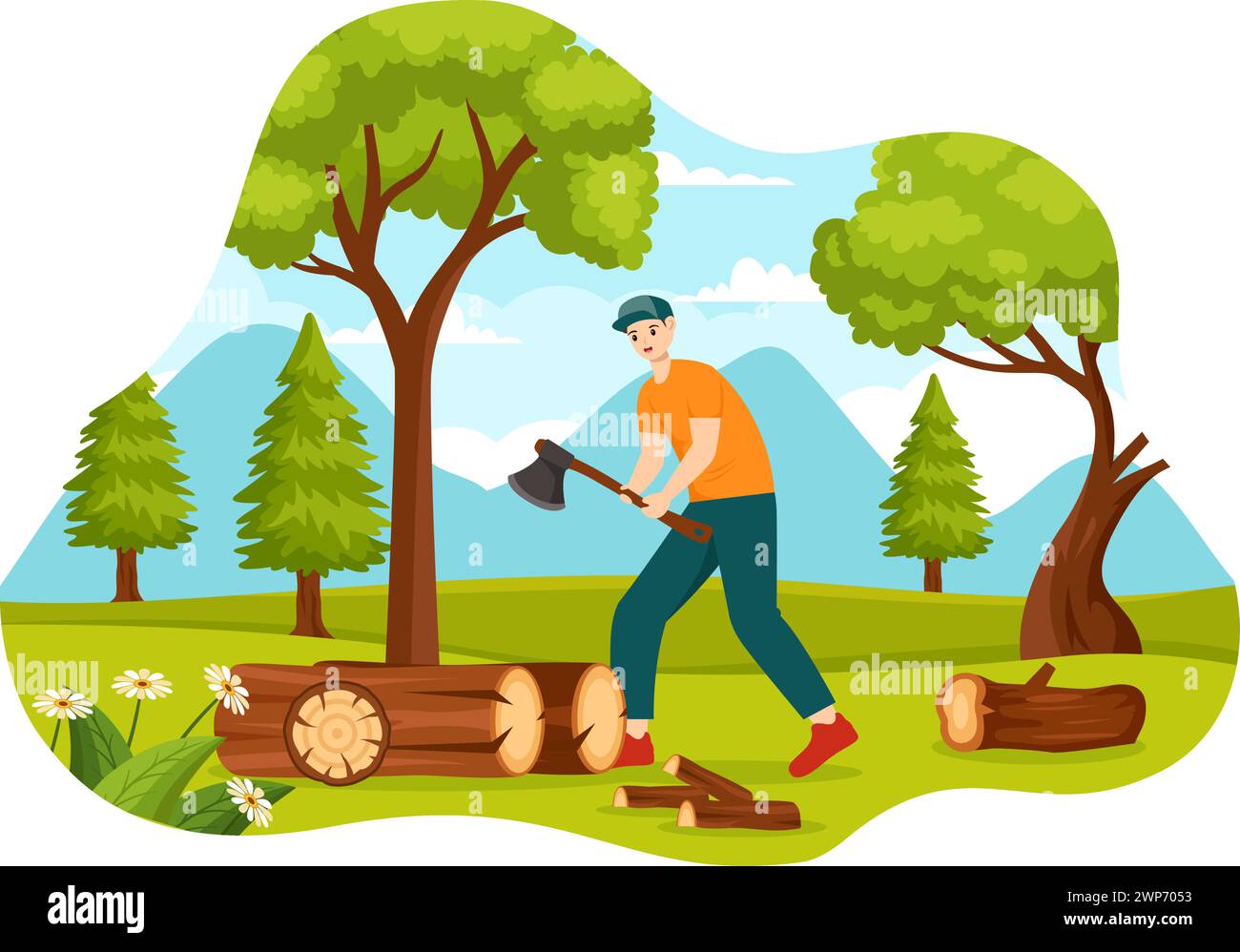 Timber Vector Illustration with Man Chopping Wood and Tree with