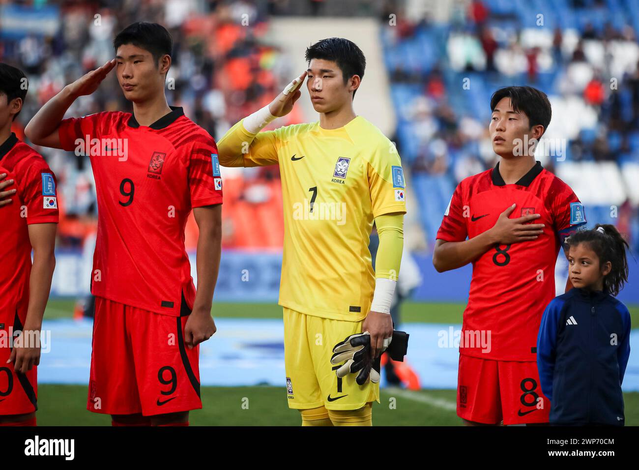 MENDOZA, ARGENTINA - MAY 25: Youngjun Lee, Goalkeeper Joonhong Kim and Seungwon Lee of Korea Republic during FIFA U20 World Cup Argentina 2023 match b Stock Photo