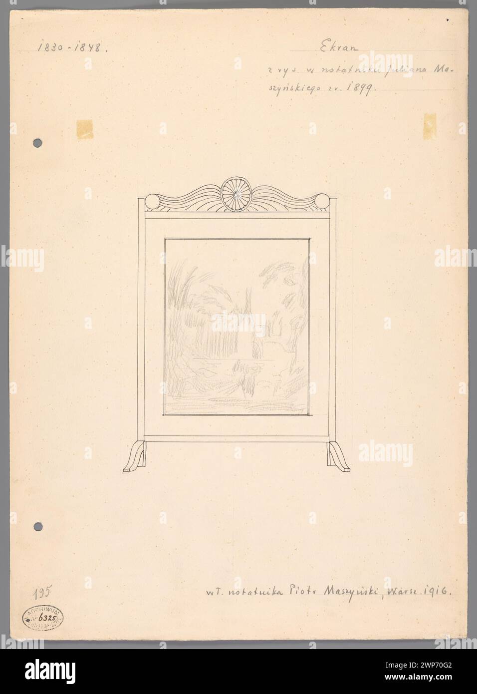 Screen from the 1st of the nineteenth century according to the drawing in the notebook of Julian Machy from 1899, from the collection of Piotr Maszy in Warsaw in 1916; Masha, Mariusz (1888-1944); 1916 (not after 9.05.1916) (1916-00-00-1916-00-00); Stock Photo