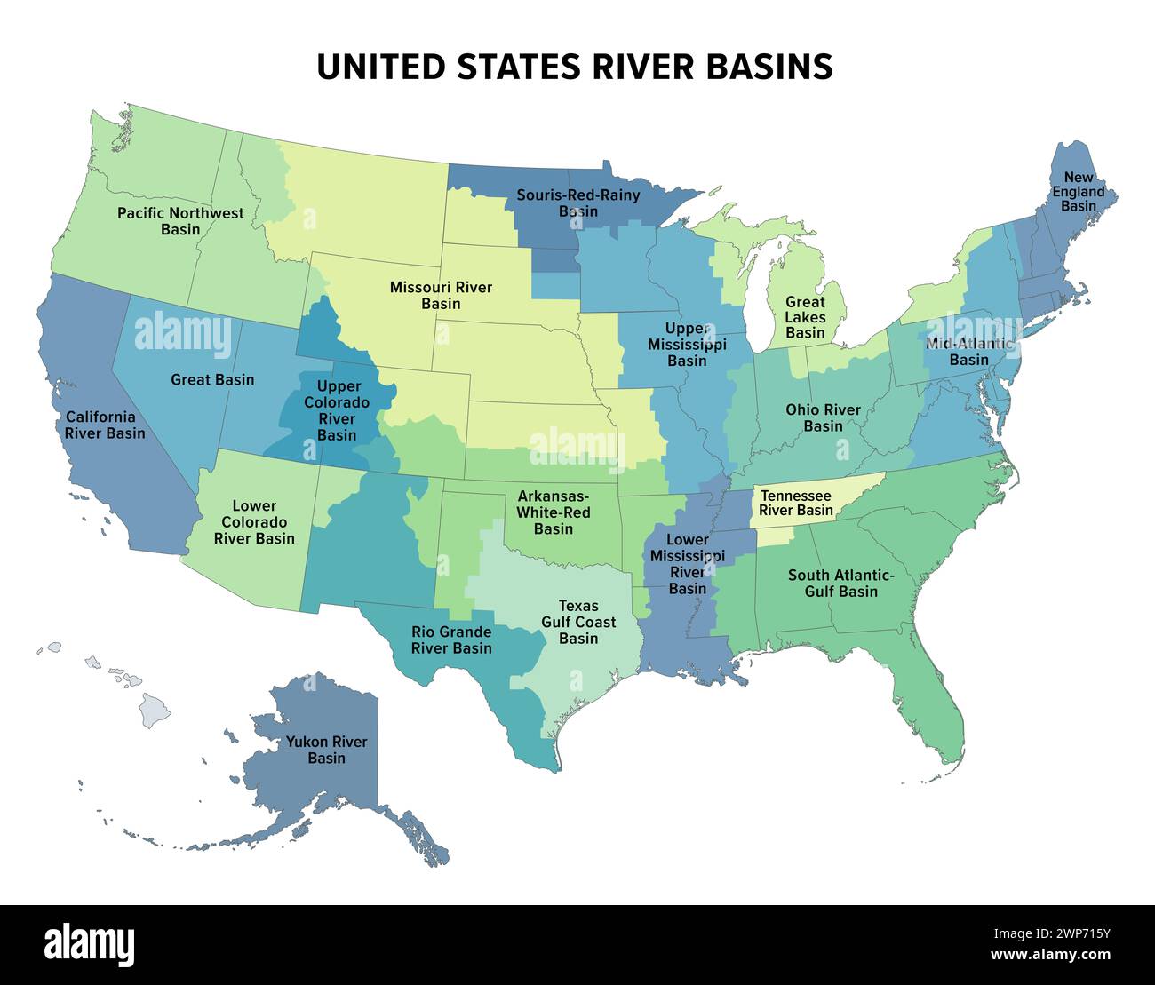 United States major river basins, political map. Nineteen major river basins, highlighted in different colors. Also with the borders of the states. Stock Photo
