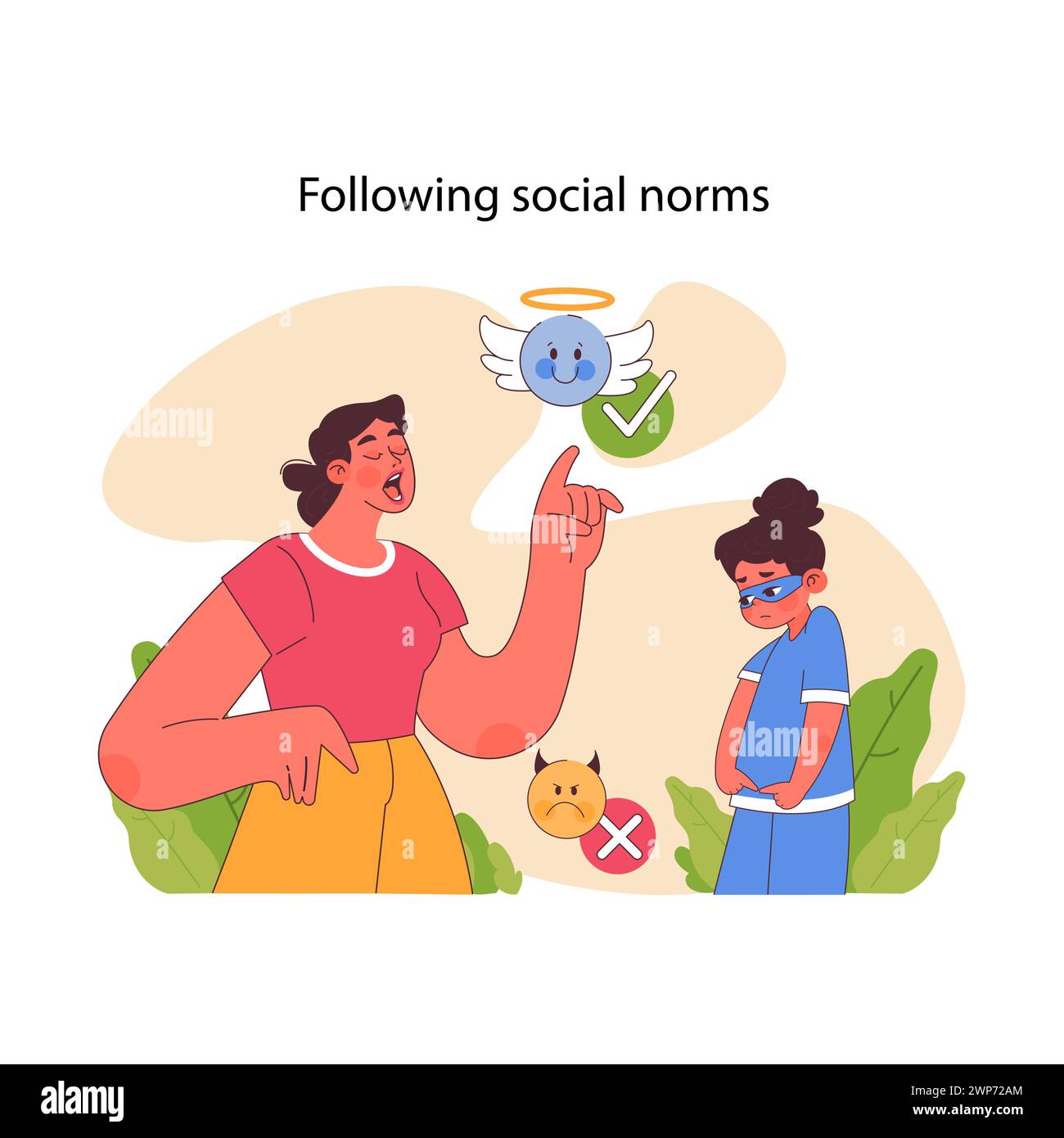 Social norms. Woman explaining concepts of good and bad to thief girl. Balance between conforming to expectations and embracing individuality. Understanding and challenging societal rules. Flat vector Stock Vector