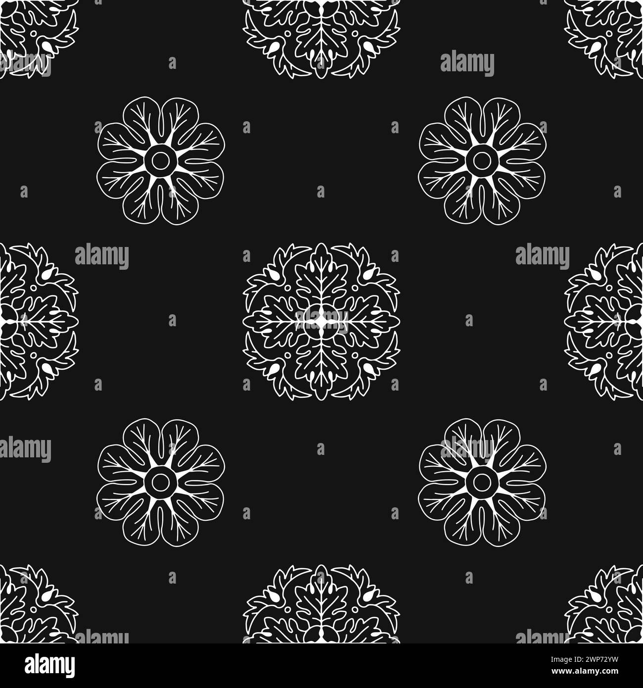 Seamless pattern with hand drawn white classic floral rosette motifs Stock Vector