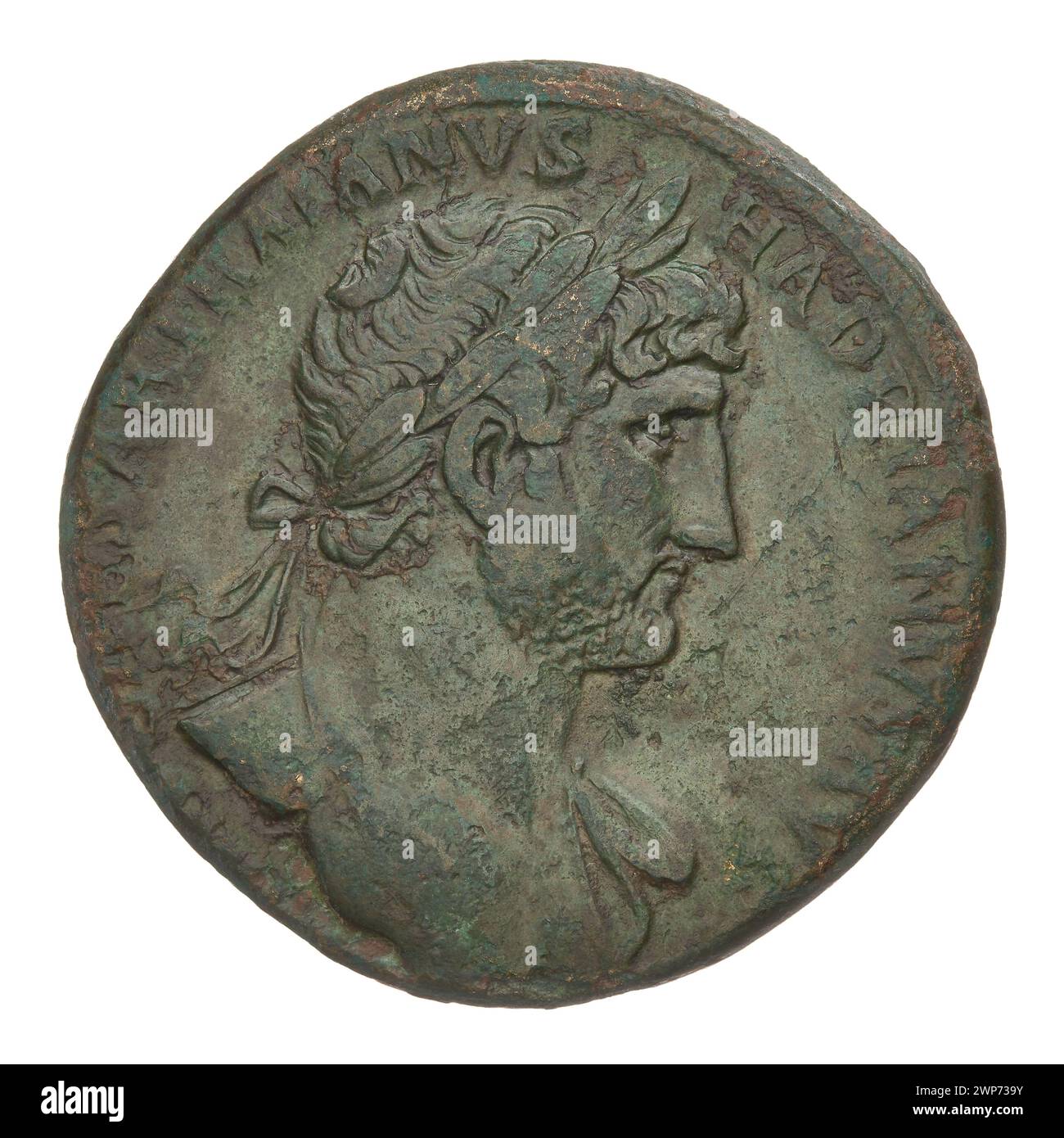 sesterce; Hadrian (76-138; Roman emperor 117-138); 119 (118-00-00-118-00-00);Jupiter (mitol.), Busters, laurel wreaths, spears Stock Photo