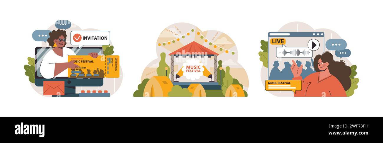 Music festival set. Eager fan receives digital invite, vibrant outdoor stage buzzes with life, enthusiastic viewer enjoys online concert. Flat vector illustration Stock Vector