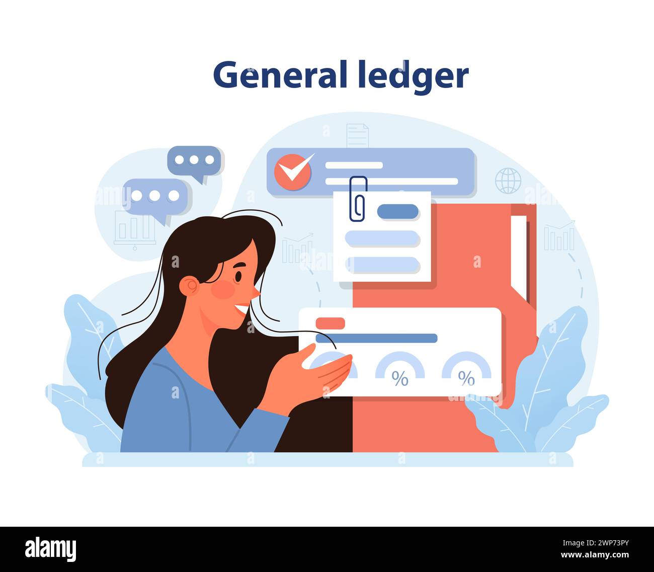 Expertly navigating the general ledger. Woman interacts with digital financial records, percentages, and checkmarks. Comprehensive bookkeeping insight. Flat vector illustration. Stock Vector