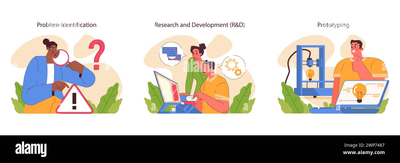 Innovation cycle set. Generation of a creative idea or business solution. Start up or new project development. Data analysis, prototyping and testing. Flat vector illustration Stock Vector