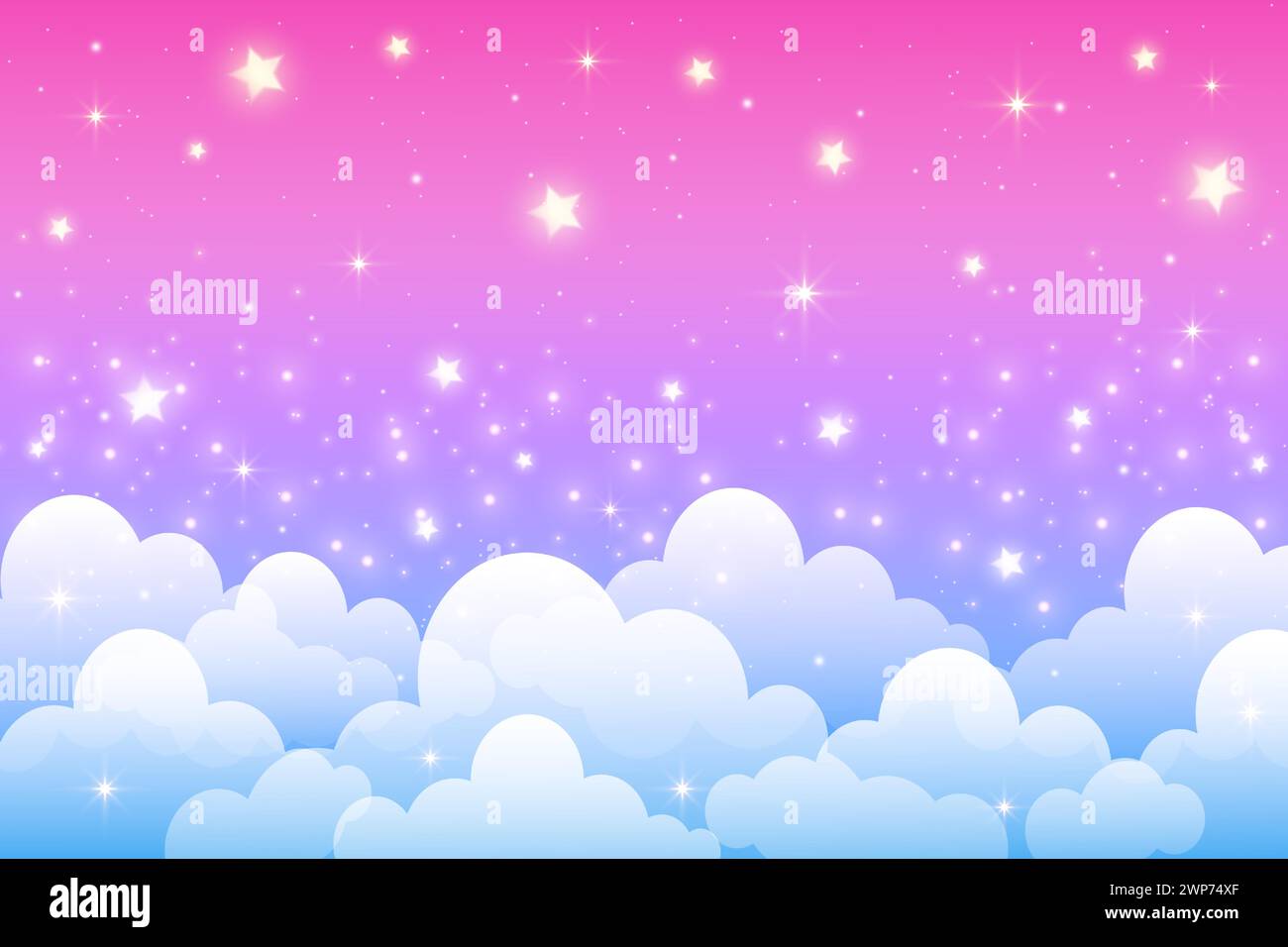 Cute cloudy pink sky with stars. Vector fantasy pastel background. Purple dreamy landscape. Abstract gradient girly wallpaper. Stock Vector