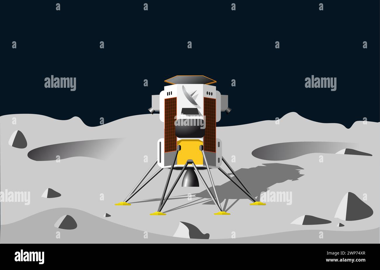 Lunar lander landing on a gray cratered landscape of the moon. Vector