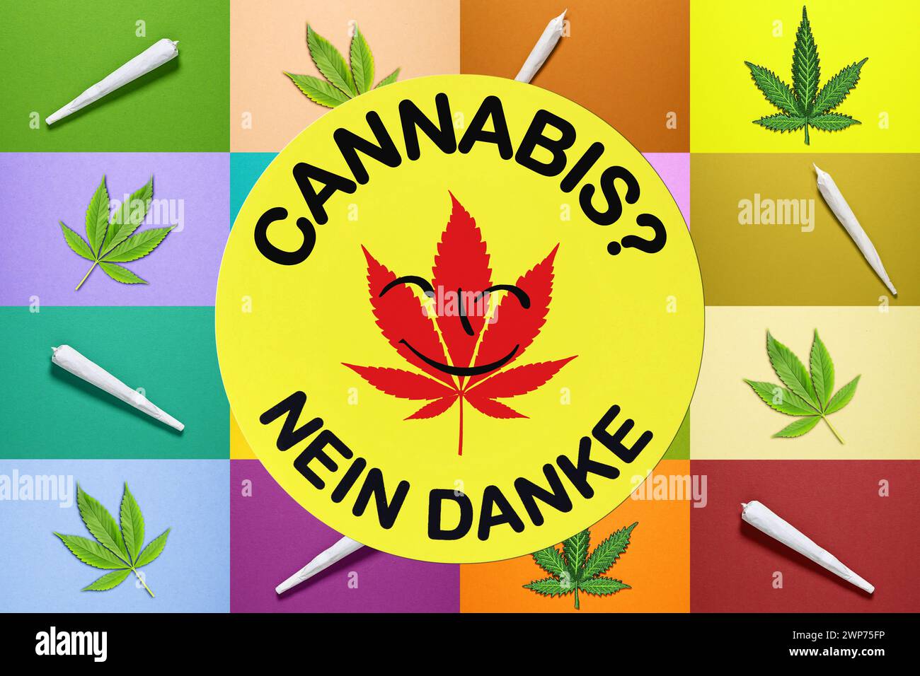 FOTOMONTAGE, Aufkleber mit Hanfblatt und Aufschrift Cannabis? Nein danke vor Joints und Hanfblättern Stock Photo