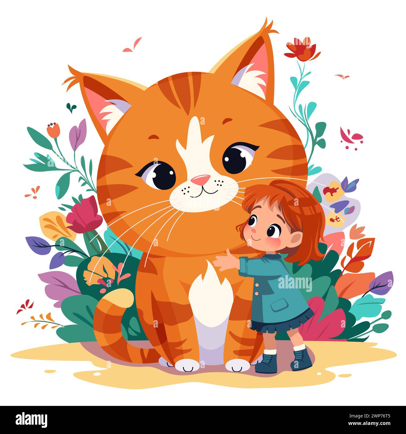 Smiling cute girl kid hugging happy big ginger tabby cat. Cartoon flat vector illustration Stock Vector