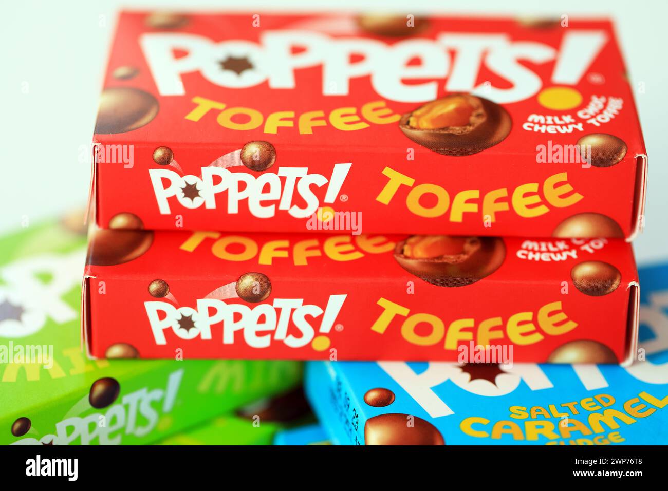 Poppets, chocolate covered sweets, in the traditional style box Stock Photo