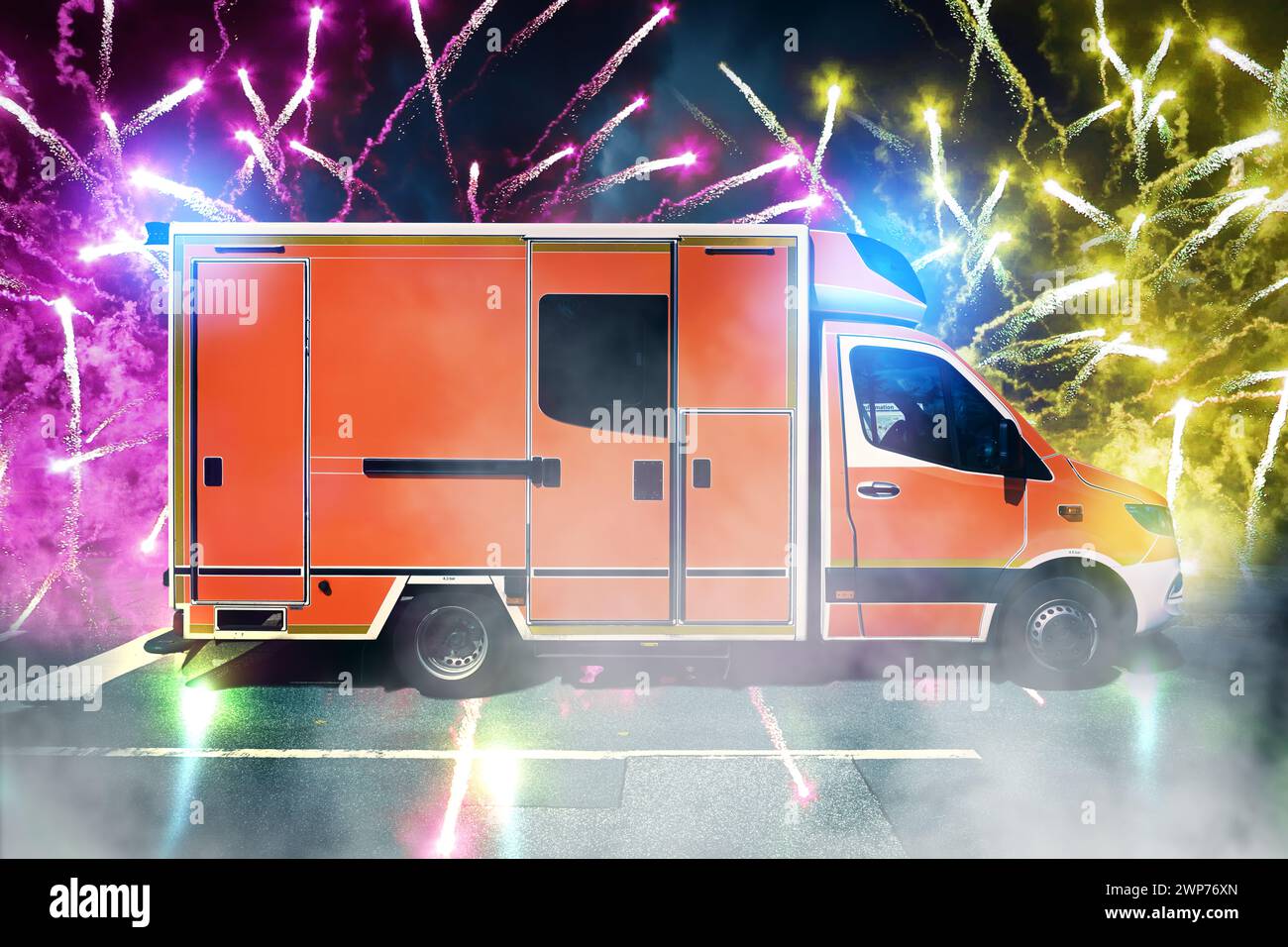 FOTOMONTAGE, Rettungswagen im Feuerwerk, Symbolfoto für Gewalt gegen Rettungskräfte Stock Photo