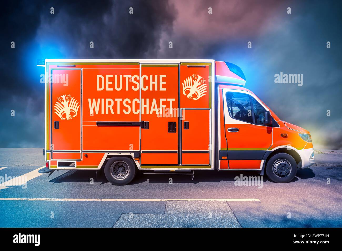 FOTOMONTAGE, Rettungswagen mit Aufschrift Deutsche Wirtschaft Stock Photo