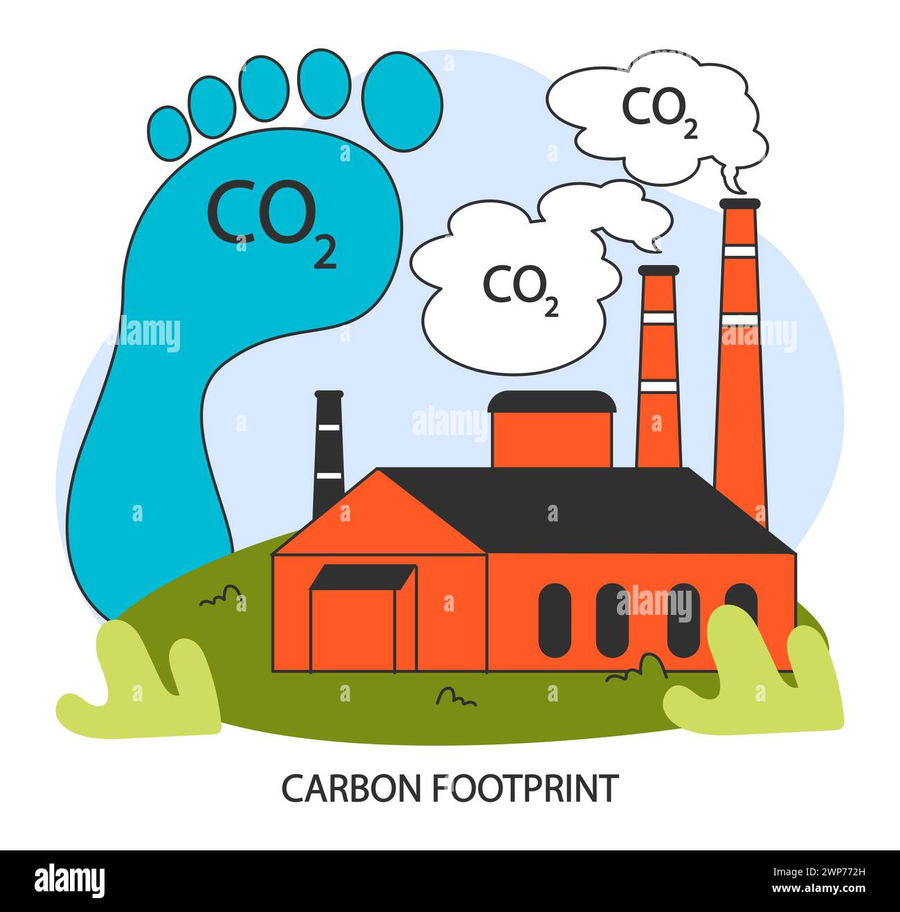 CO2 emissions. Carbon dioxide air pollution. Production footprint with greenhouse gases. Global warming crisis. Factory chimney with smoke cloud. Flat vector illustration Stock Vector