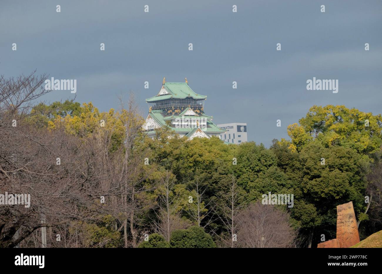 Osaka Castle rises above Osaka Castle Park, Osaka,  Japan Stock Photo