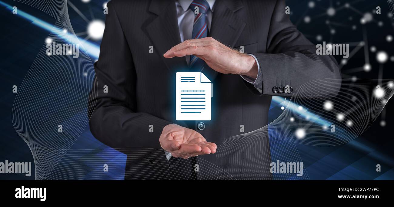 Data protection concept with businessman in a protective gesture Stock Photo