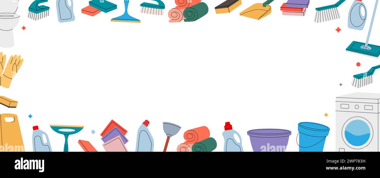 Cleaning tools in horizontal banner. Toilet bowl, floor mop, bucket ...