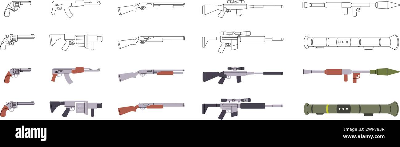 Weapons. Military weapons silhouettes. Tactical assault rifles, smoothbore guns, AK 47, sniper rifles, anti-tank grenade launchers. Stock Vector