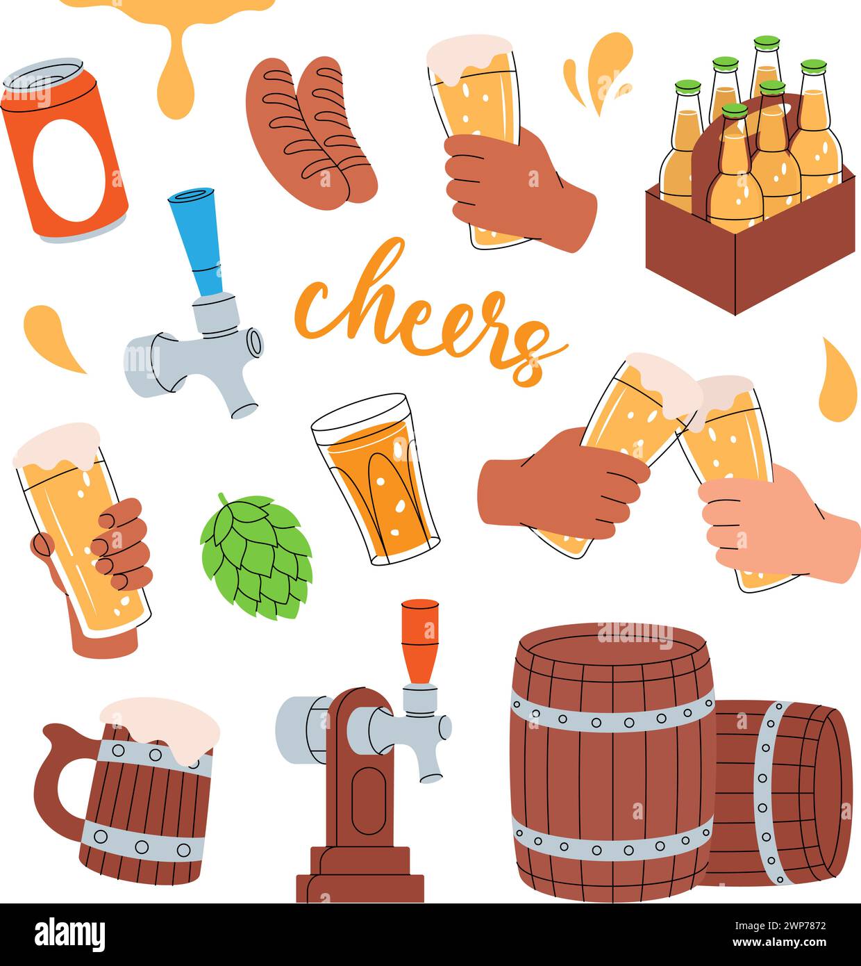 Beer pub. Barrels, cans, mugs, metal keg, sausages, tap, hop cone