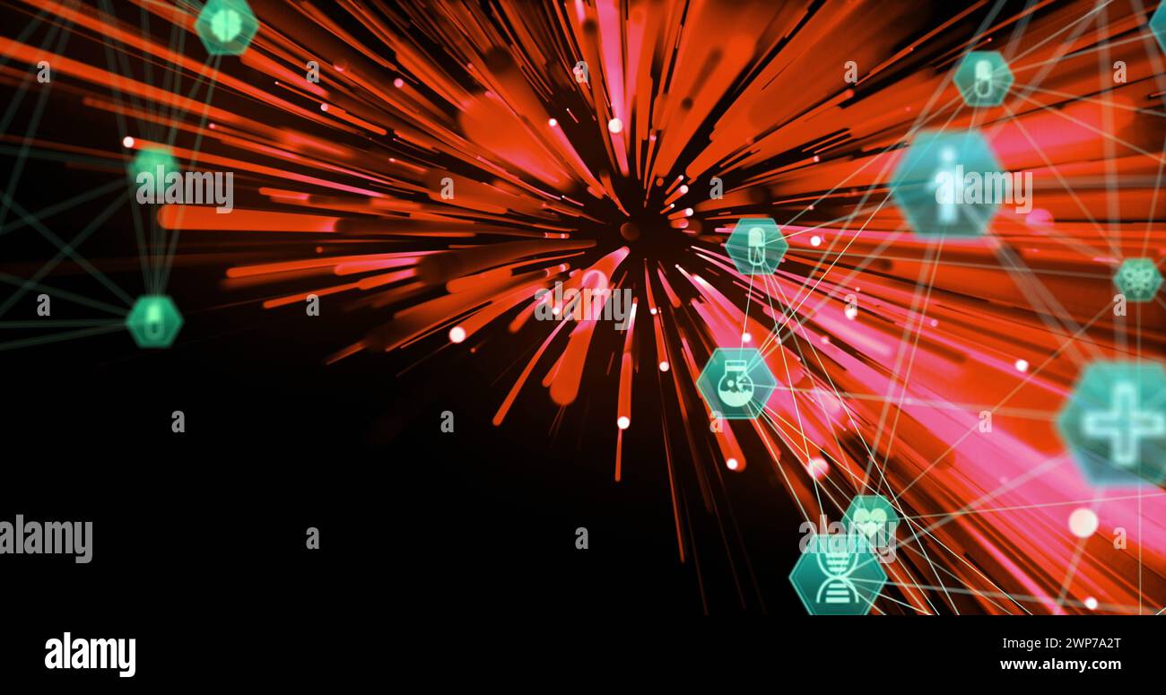 Image of connections and red lines on black background Stock Photo - Alamy