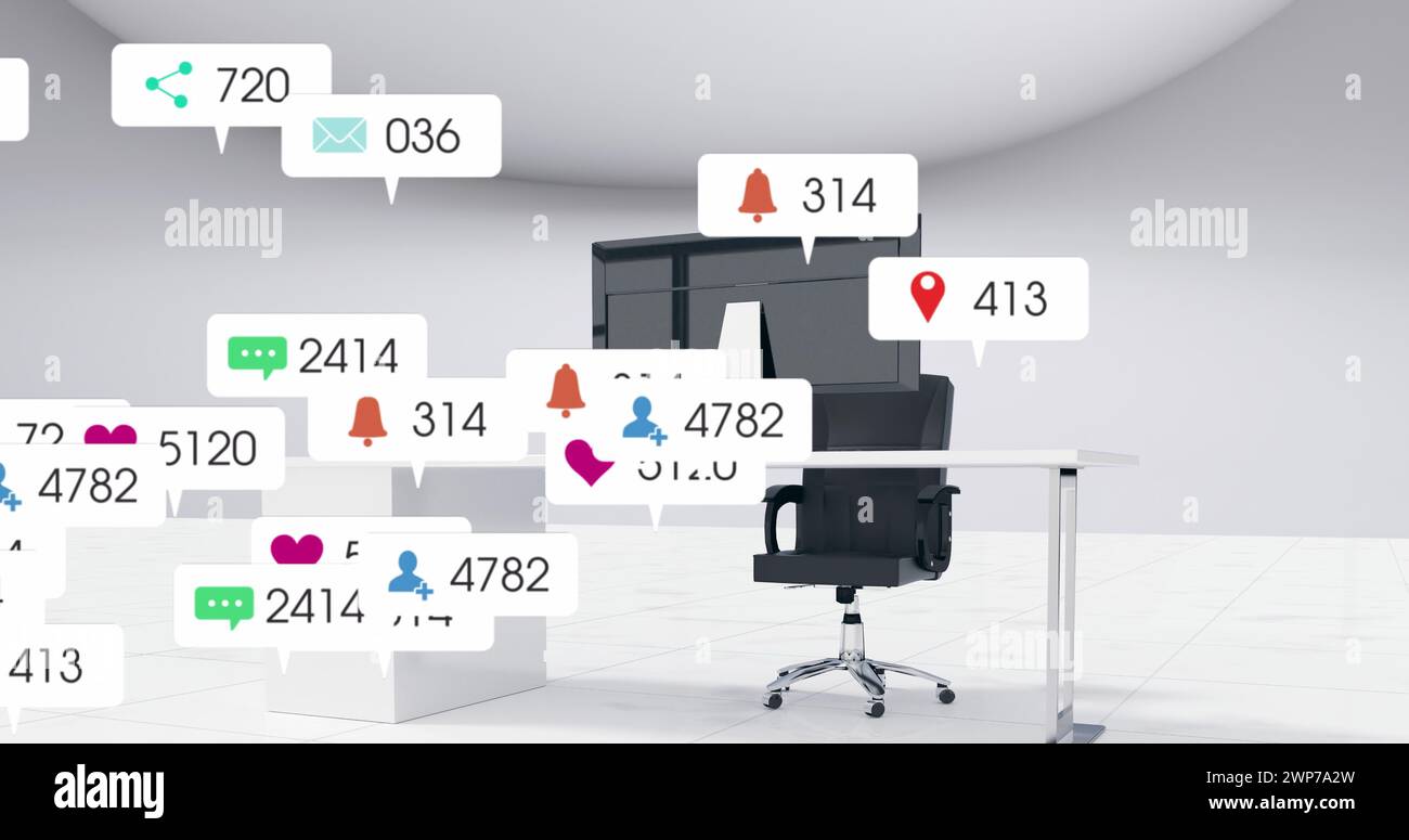 Image of media icons over office Stock Photo