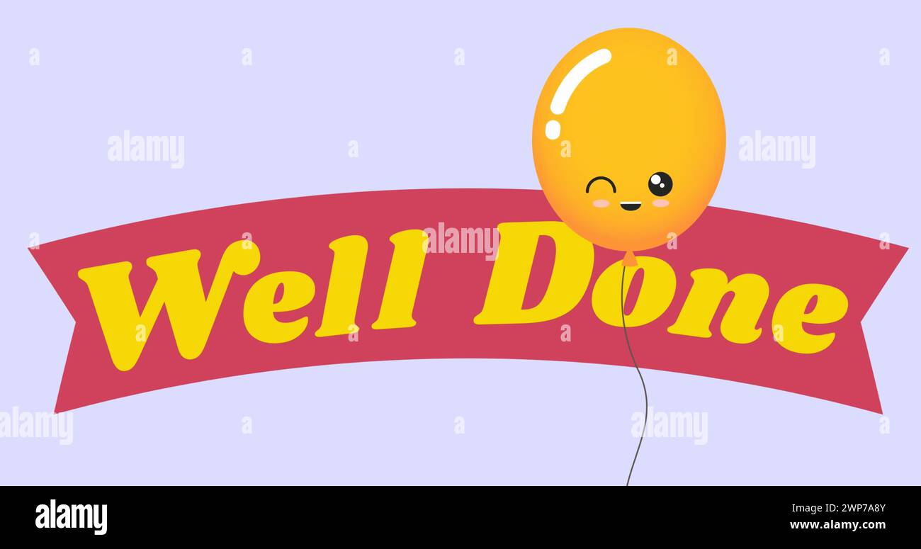 Image of well done text over orange balloon on blue background Stock Photo