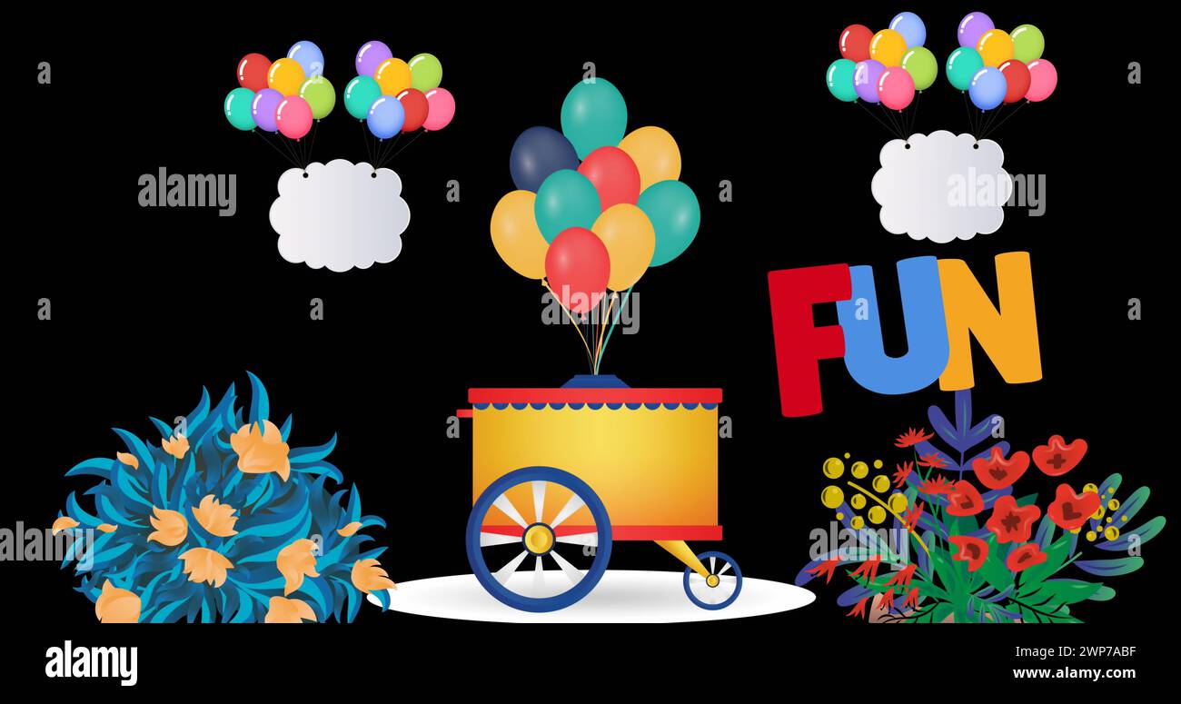 Image of fun text over colorful balloons and items on black background ...