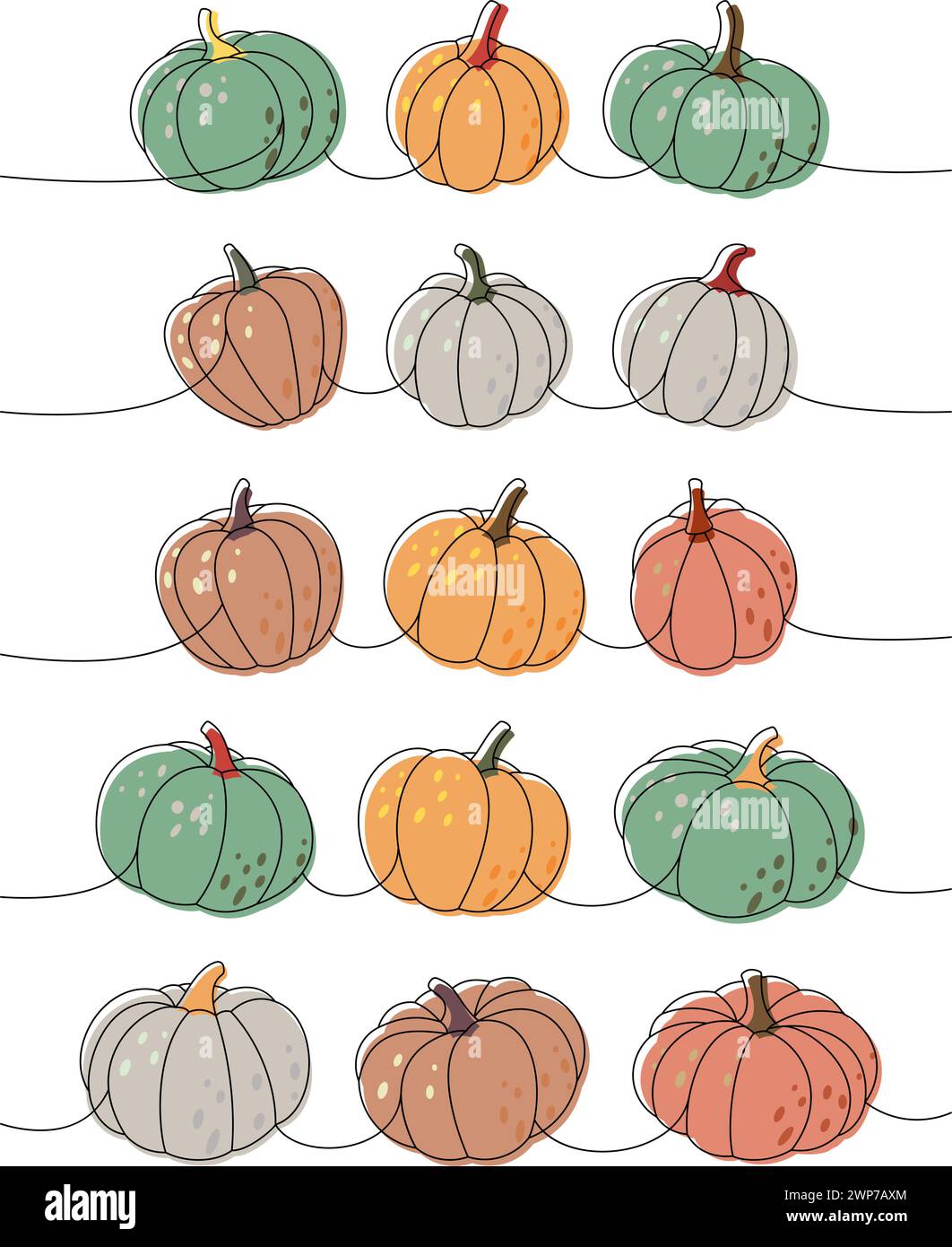 Autumn pumpkins. Pumpkins one line colored continuous drawing. Autumn ...