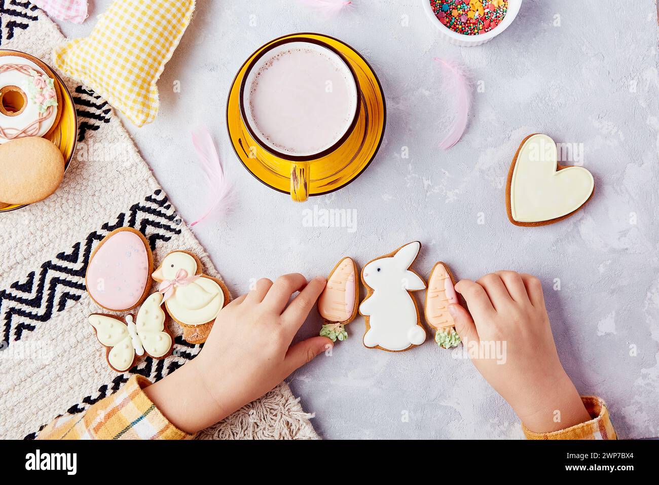 Delightful cocoa and cookies. Easter vibes for kids. Happy Easter background Stock Photo