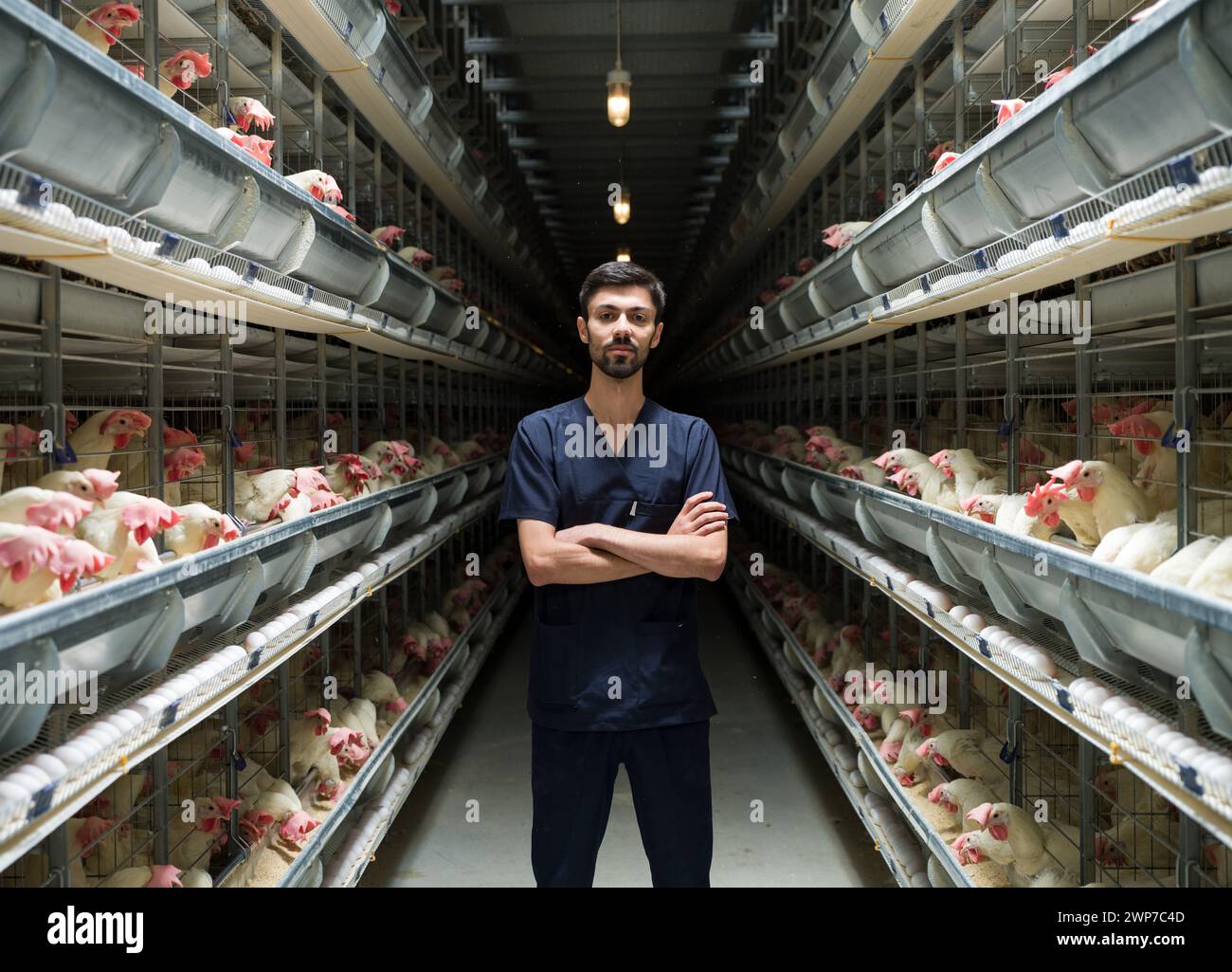 Portrait of young veterinarian on egg farm.  Man in uniform working on chicken farm and chickens in background Stock Photo
