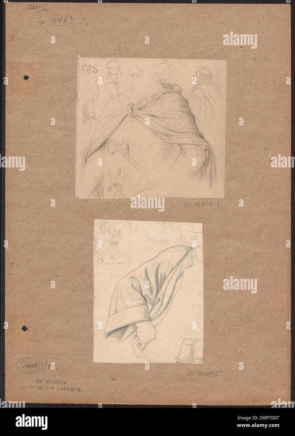 A fragment of the young man and sketches of various people seen from the profile, sketch of the coffee of the brown; Lesser, Aleksander (1814-1884), Stwosz, Wit (Ca 1448-1533); 1830-1884 (1830-00-00-1884-00-00);Lesser, Aleksander (1814-1884), Lesser, Aleksander (1814-1884) - collections, Lesser, Emiljan Stanisław (Baron - 1847-1912), Lesser, Emiljan Stanisław (Baron - 1847-1912) - collection, Lesser, Wiktor Stanisław Zygmunt (Baron - 1853-1935), Lesser, Wiktor Stanisław Zygmunt (Baron - 1853-1935) - collection, Stwosz, Wit (1447/1448-1533) - reproduction, 16th century, gift (provenance), coats Stock Photo