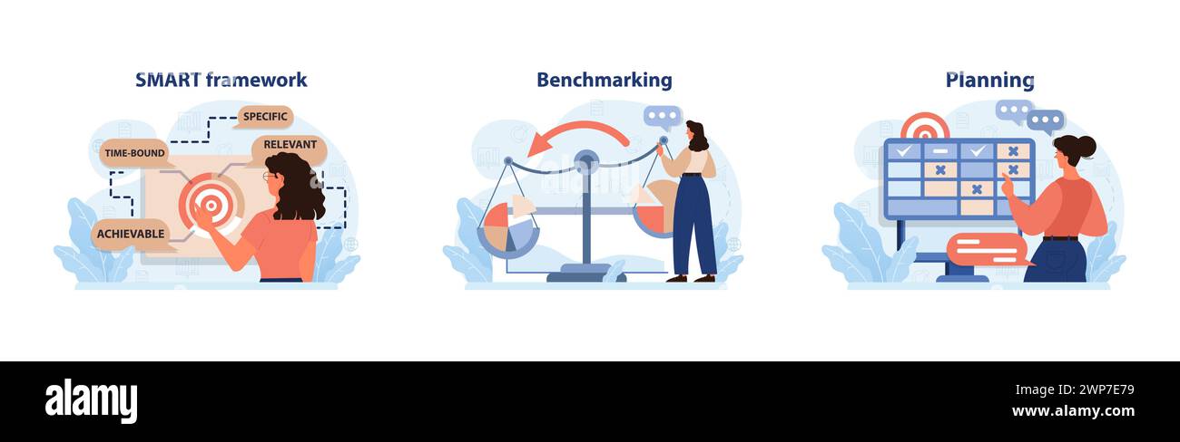 Business strategies set. Dive into SMART goals analyze with 