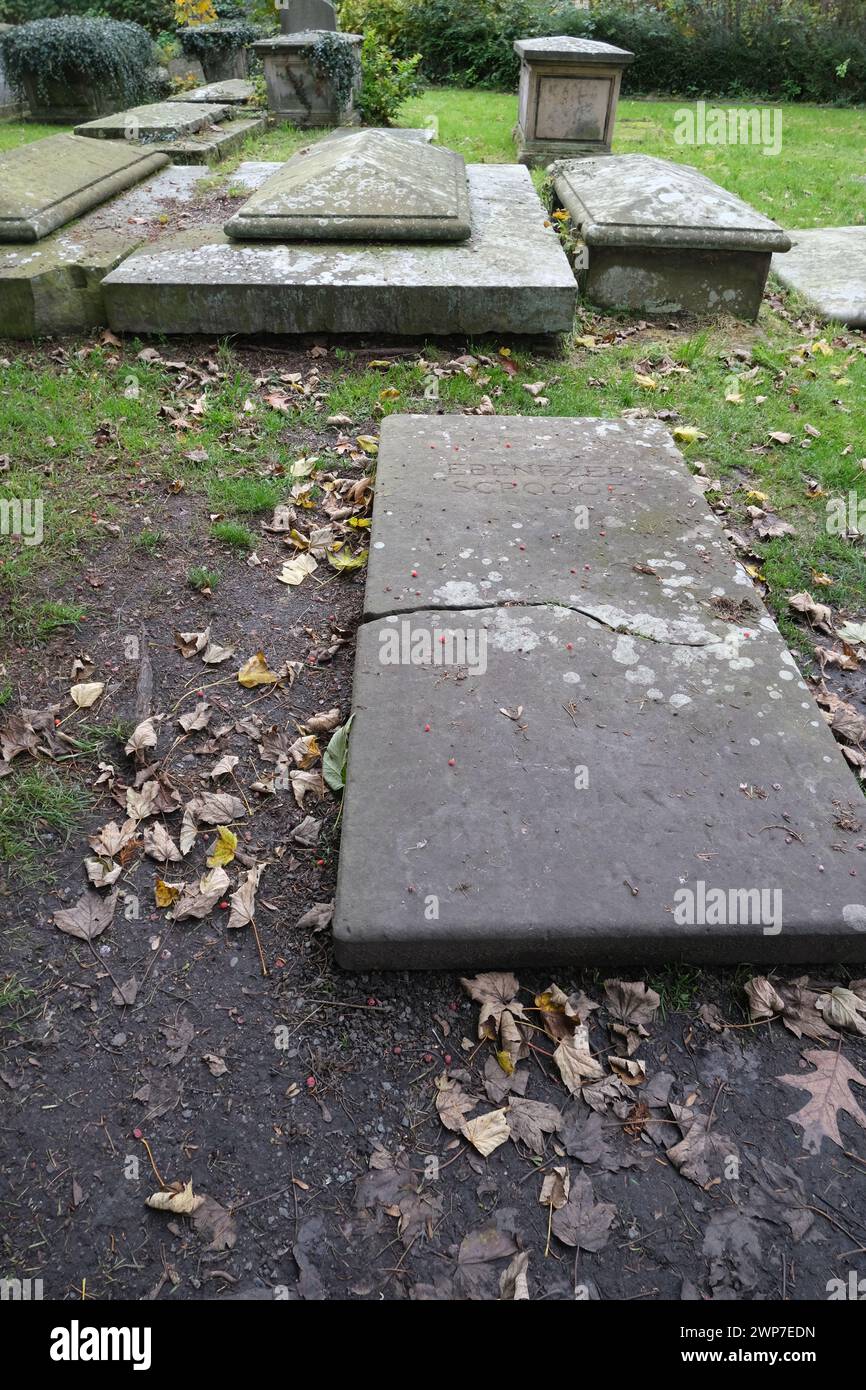 The Gravestone of Ebenezer Scrooge of Christmas Carol by Charles Dickens, located in Shrewsbury and was a movie prop from 1984 film a Christmas Carol Stock Photo