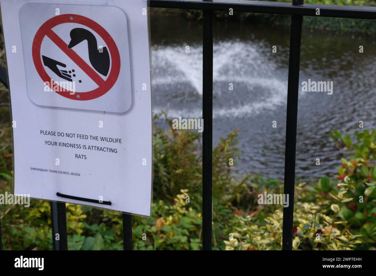 Sign:  Please do not feed the wildlife, your kindness is attracting rats Stock Photo