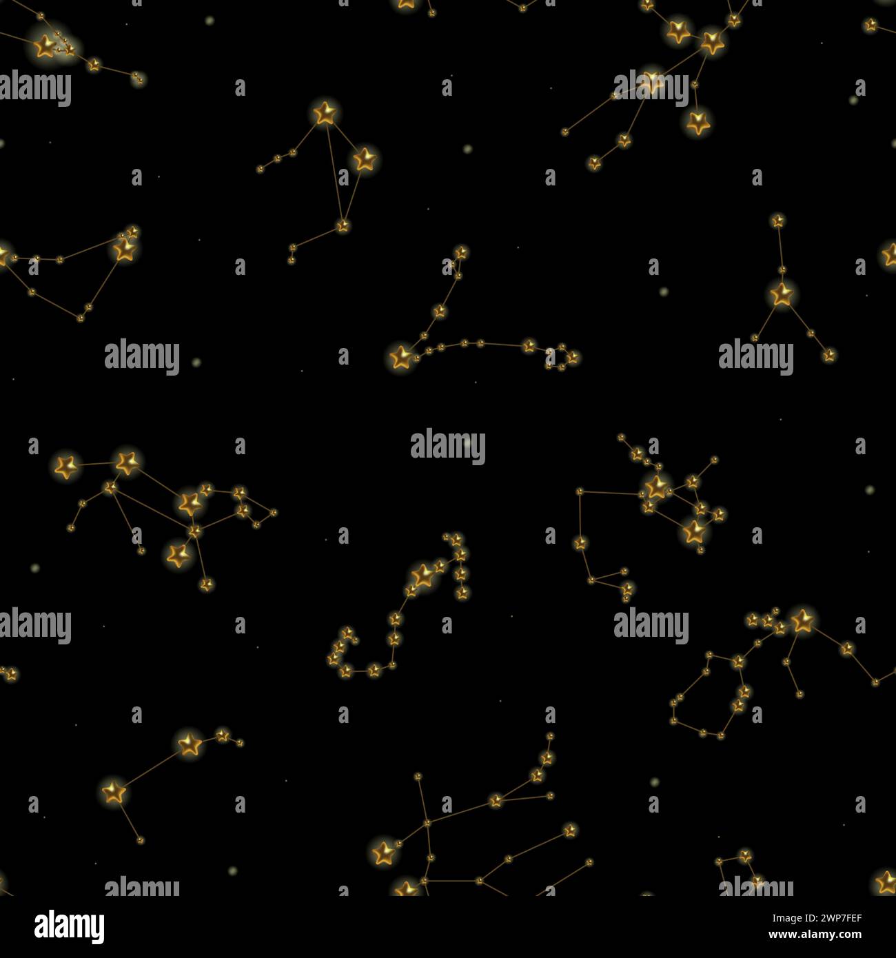 Zodiac constellations seamless pattern background. Gold stars, horoscope collection and astrological signs vector illustration design. Stock Vector