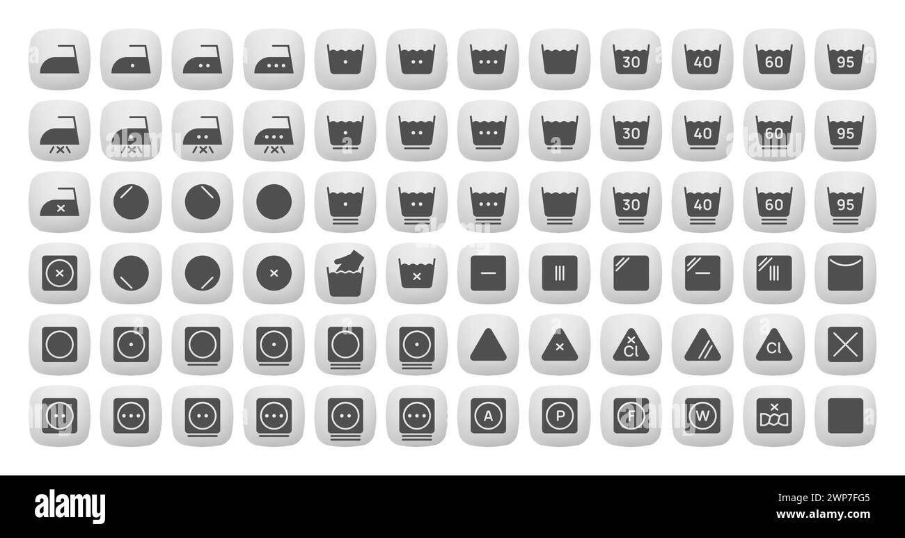 3D filled laundry icons set vector illustration design. Collection of washing symbols, bleaching, ironing, drying. Stock Vector